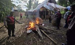 Arena judi sabung ayam di Kabupaten Mojokerto dihancurkan dan dibakar oleh petugas gabungan TNI-Polri.