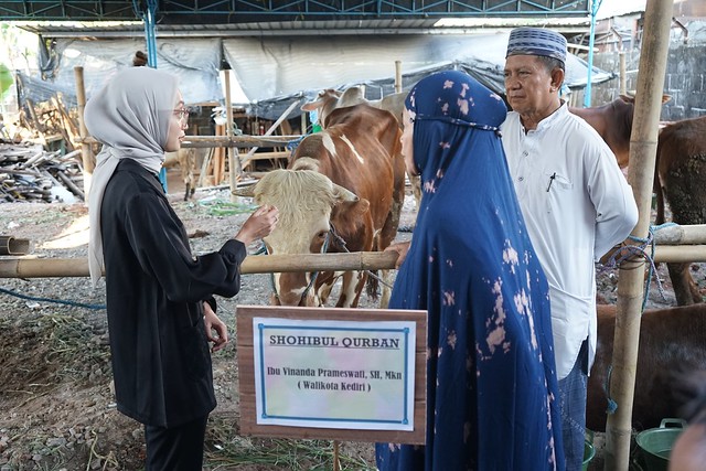 Wali Kota Kediri, Vinanda Prameswati, menyerahkan secara simbolis seekor sapi kurban kepada Masjid Al Khalid di Kelurahan Semampir. (Foto: Pemkot Kediri)